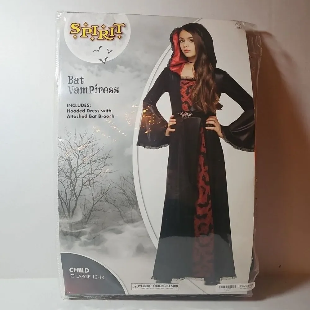 Spirit Halloween Kids Bat Vampiress Costume Girls L Goth Maxi Hooded Cape Brooch